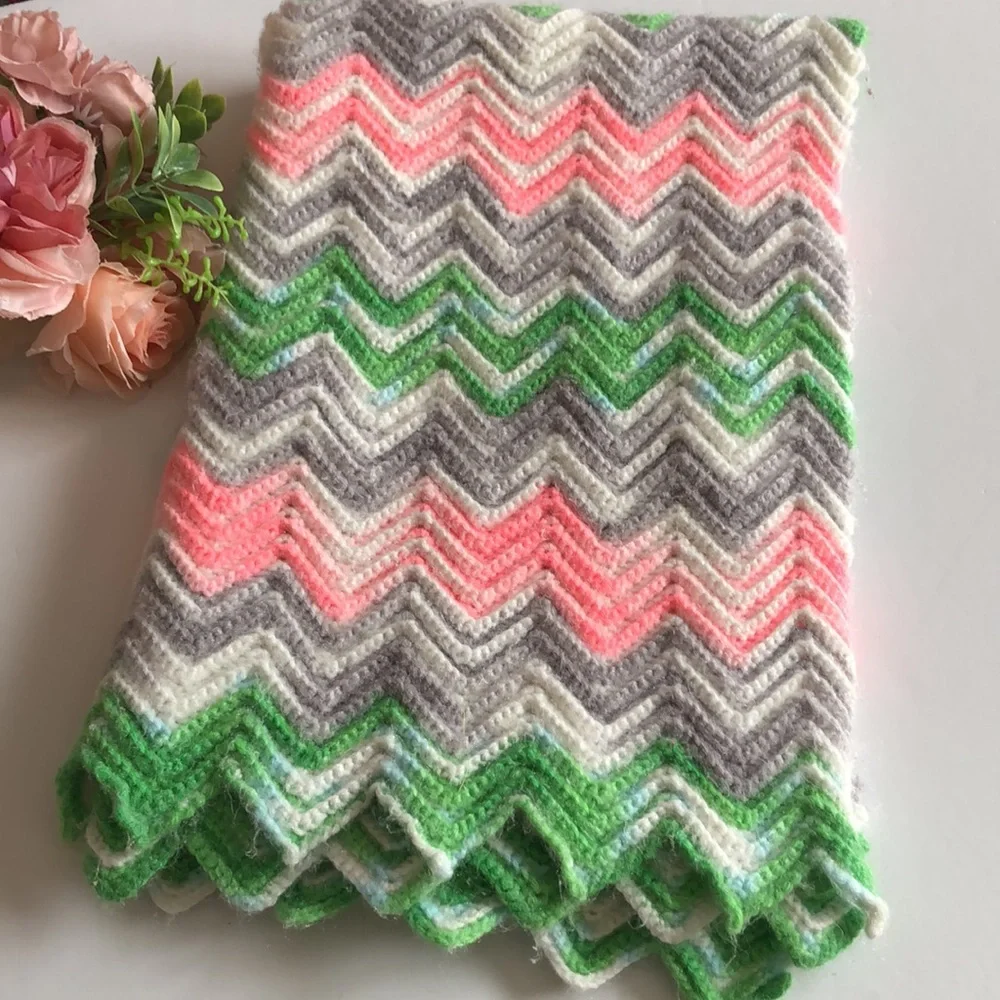 Pink green white gray chevron Baby Blanket Handmade Vintage 1970s Knit Blanket